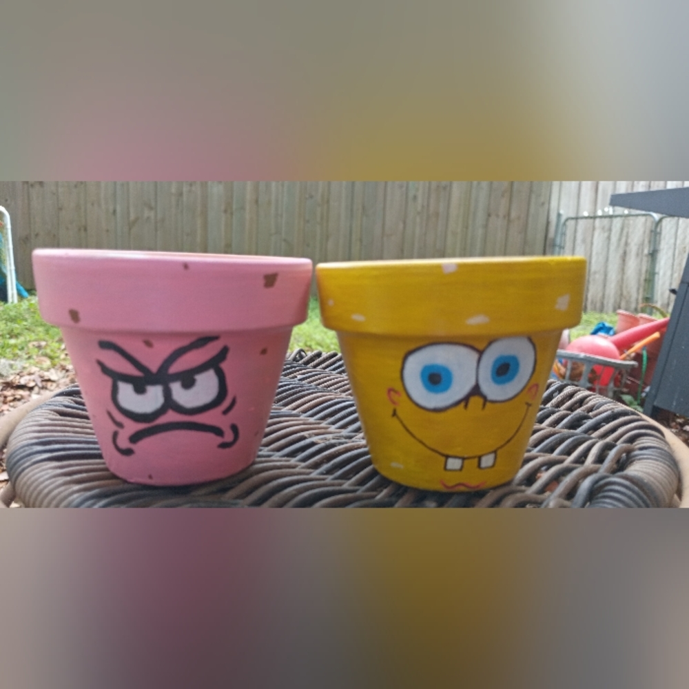 2" handpainted Terracotta Succulent/Cacti Pots SpongeBob & Patrick